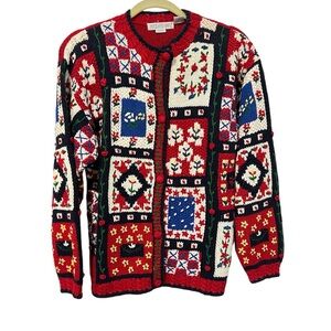 Heirlooms Handknit Red Patchwork Sweater Button Up (Size L)